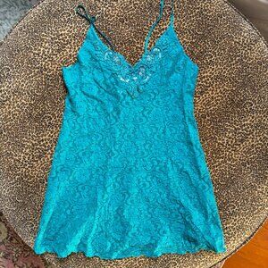 Vintage 90s Cinema Etoile Teal Lace Slip Dress Lingerie Nightgown Embellished M